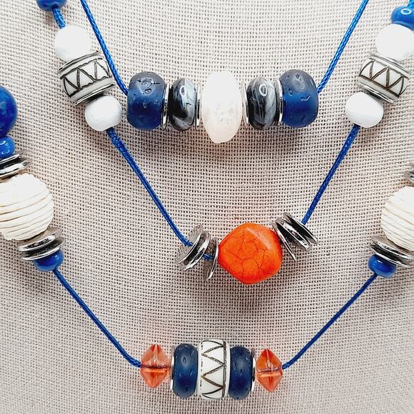 Chico’s Three Strand Beaded Necklace NWOT Blue Red White Multi Color Statement - Picture 4 of 12